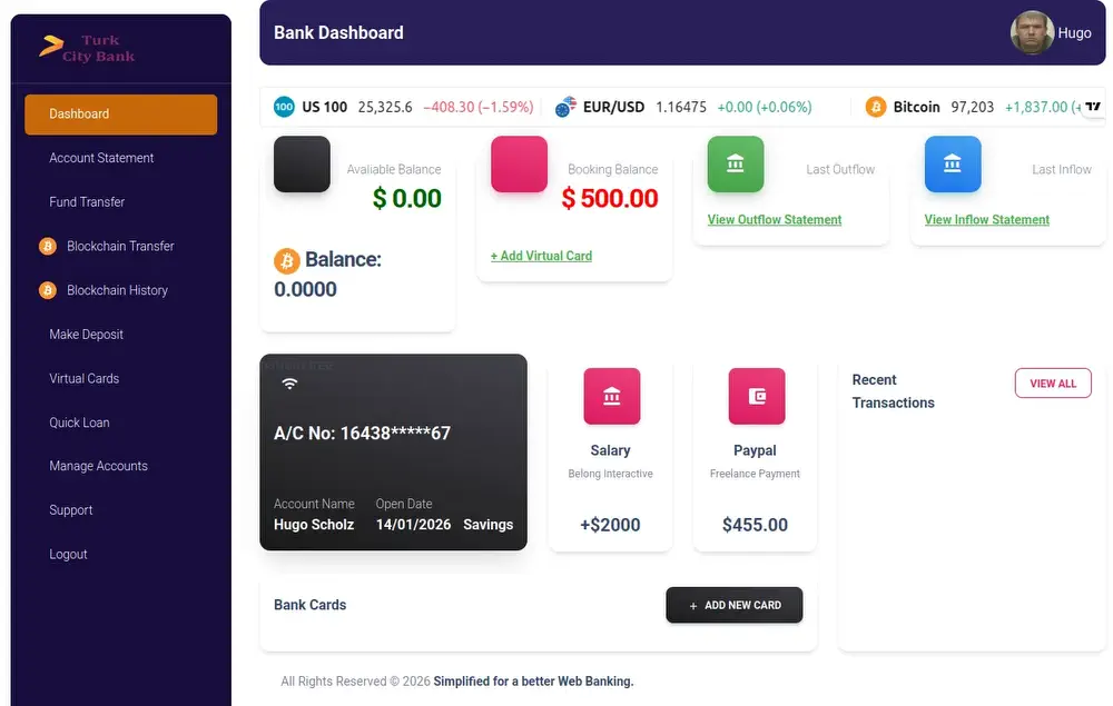 Schick mit Login, Foto und simuliertem Bankgeschäft