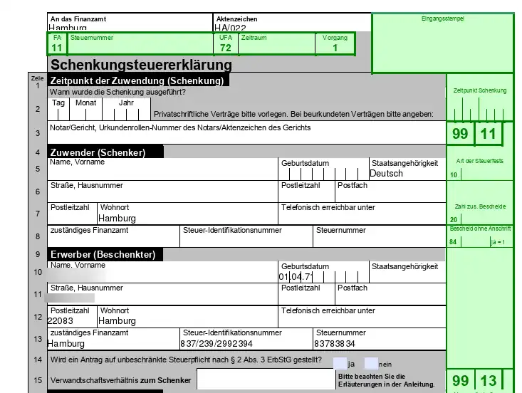 Formular für Schenkungssteuer