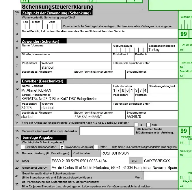 Formular für Schenkungssteuer ausgefüllt