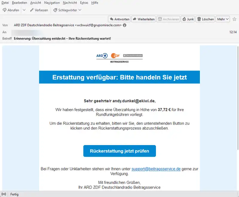 Die E-Mail für die Erstattung