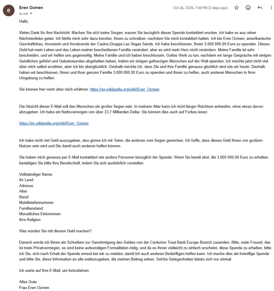 Scammer können sich nicht kurz halten