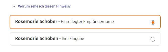 Name der Bankverbindung stimmt