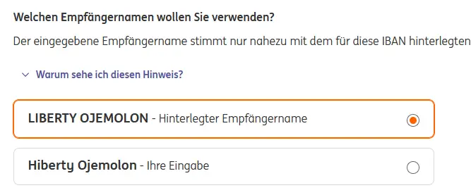 Die Bankverbindung inklusive Name stimmt
