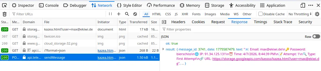 Der Datenabfluss, die Daten gehen via Telegram an die Scammer