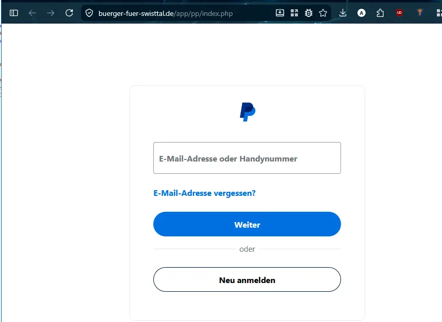 Phishing, vermutlich gehackte Seite