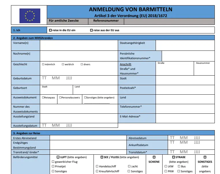 Anmeldung von Barmitteln