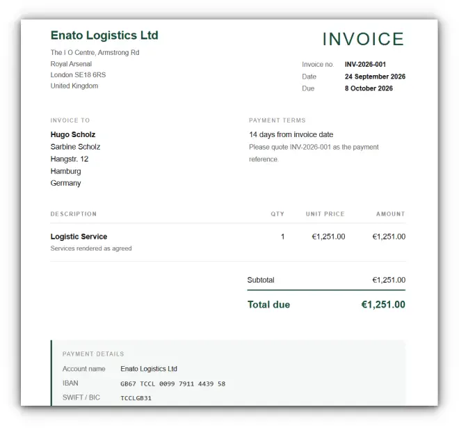 Rechnung von Enato Logistics Ltd
