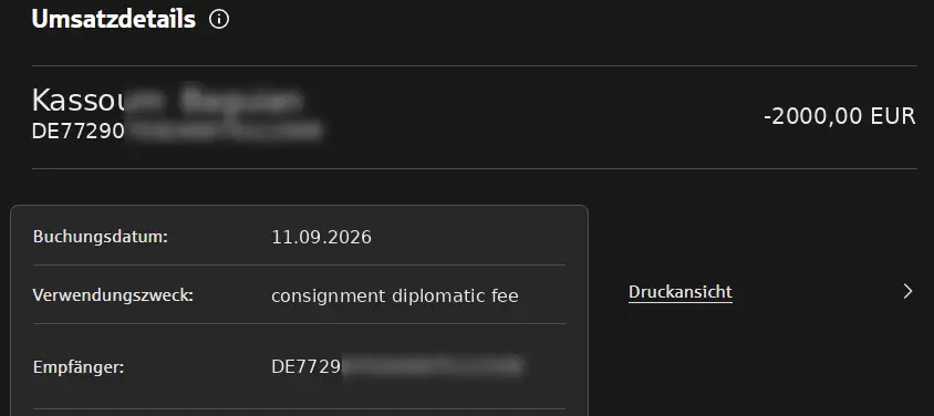 Fingierter Überweisungsbeleg über 2.000 Euro mit dem Verwendungszweck consignment diplomatic fee