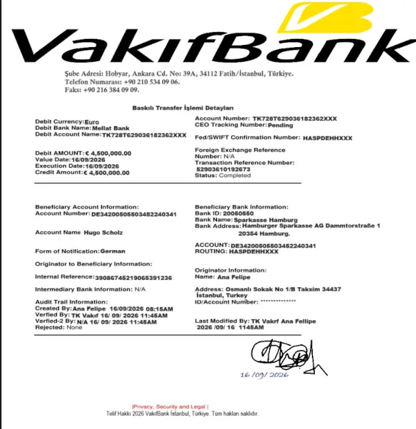 Angeblicher VakıfBank-Transferbeleg über 4,5 Millionen Euro an Hugo