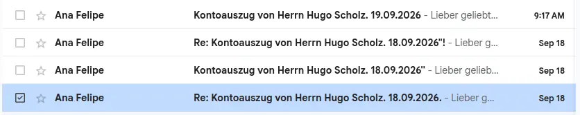 Vier kurz hintereinander gesendete E-Mails von Ana Felipe