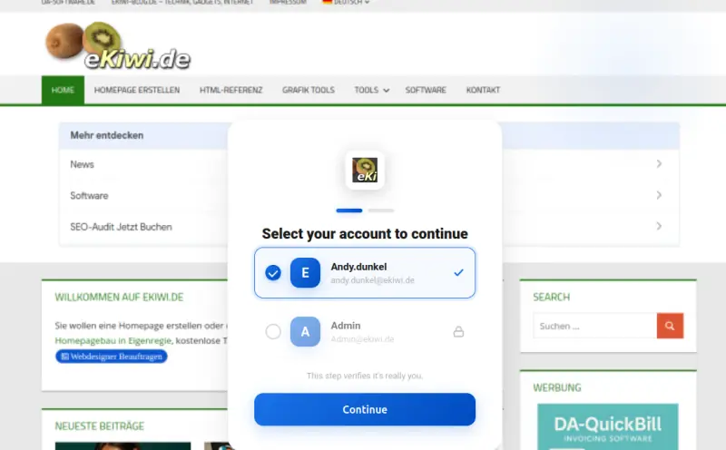 Personalisierte Phishing-Seite mit vorausgewähltem eKiwi-Konto vor der echten Website