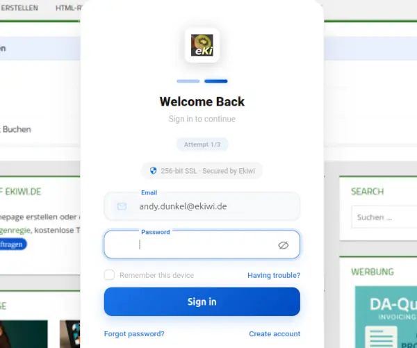 Gefälschte eKiwi-Anmeldemaske mit vorausgefüllter E-Mail-Adresse und Passwortfeld