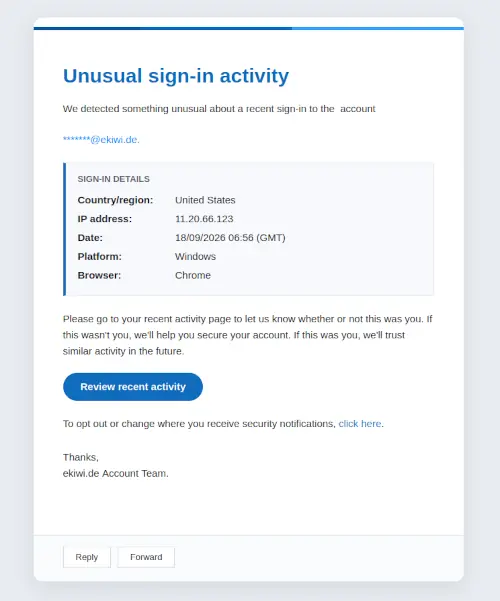 Phishing-Mail mit dem Betreff Unusual sign-in activity und angeblichen Anmeldedaten aus den USA