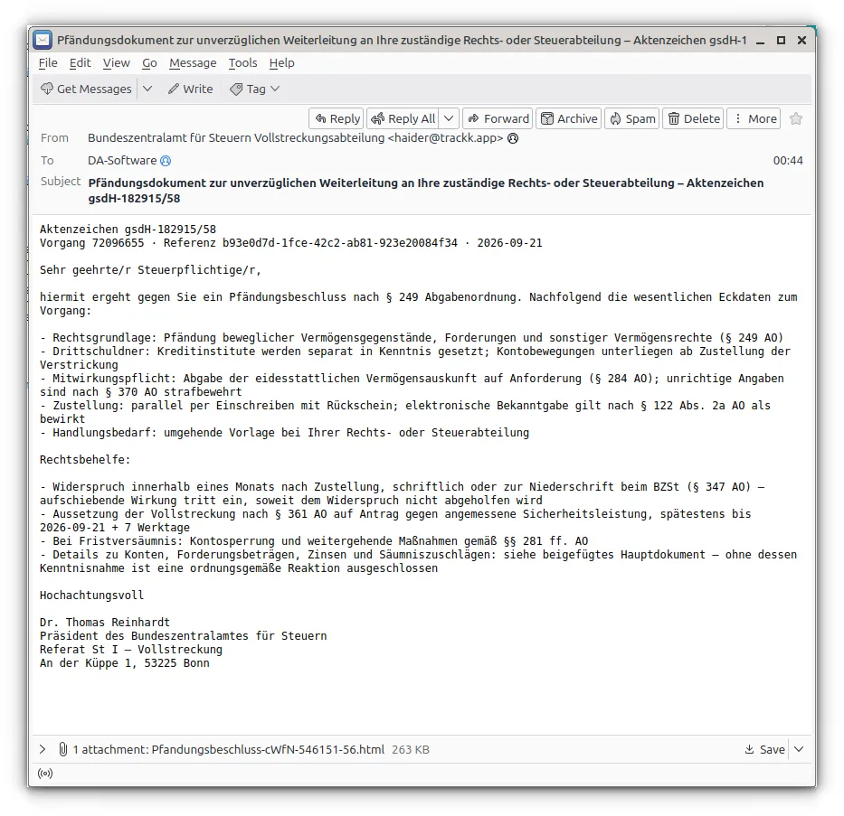 Gefälschte E-Mail mit angeblichem Pfändungsbeschluss