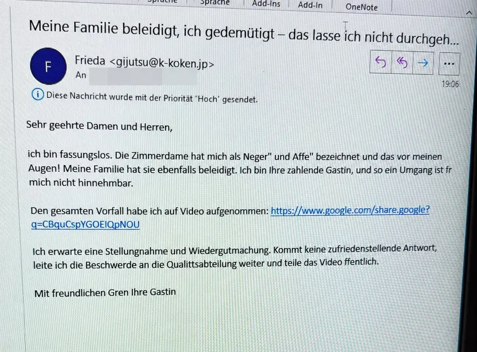 Phishing-Mail mit angeblicher Beschwerde einer Hotelgästin