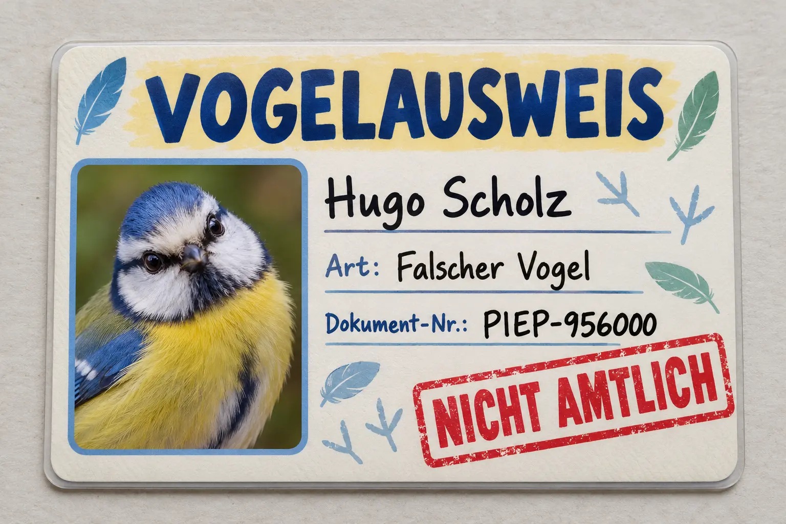 Offensichtlich nicht amtlicher Vogelausweis, den Hugo statt einer echten Ausweiskopie verschickt