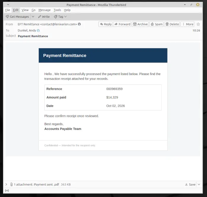 Phishing-Mail mit dem Betreff Payment Remittance