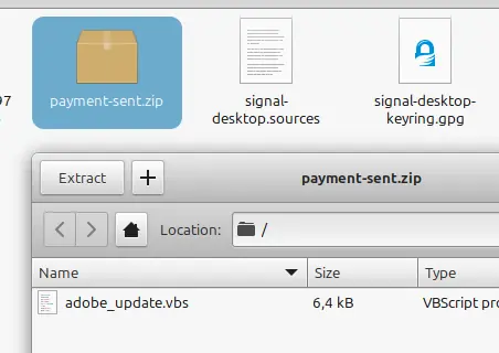 ZIP-Archiv payment-sent.zip mit der Datei adobe_update.vbs