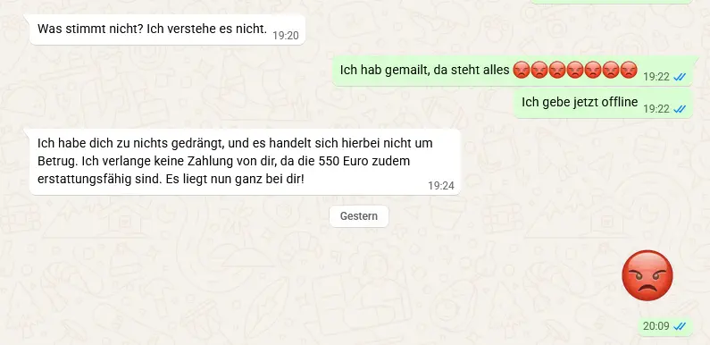 WhatsApp-Nachricht des Kontakts: Er bestreitet den Betrugsversuch und behauptet, die geforderten 550 Euro seien erstattungsfähig